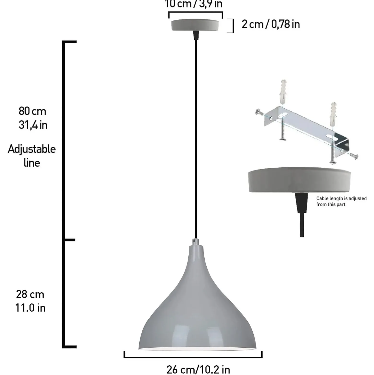 Adash-riippuvalaisin, harmaa, metalli, Ø 26 cm, E27