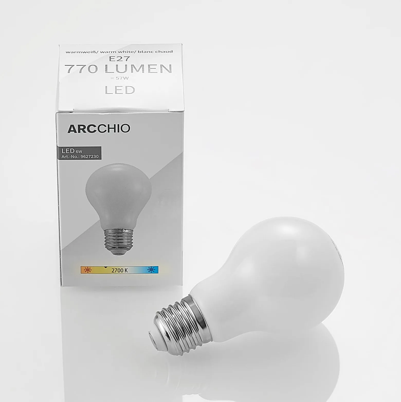 Arcchio LED-lamppu A60, E27, 6 W, 2 700 K, opaalilasi, himmennettävä