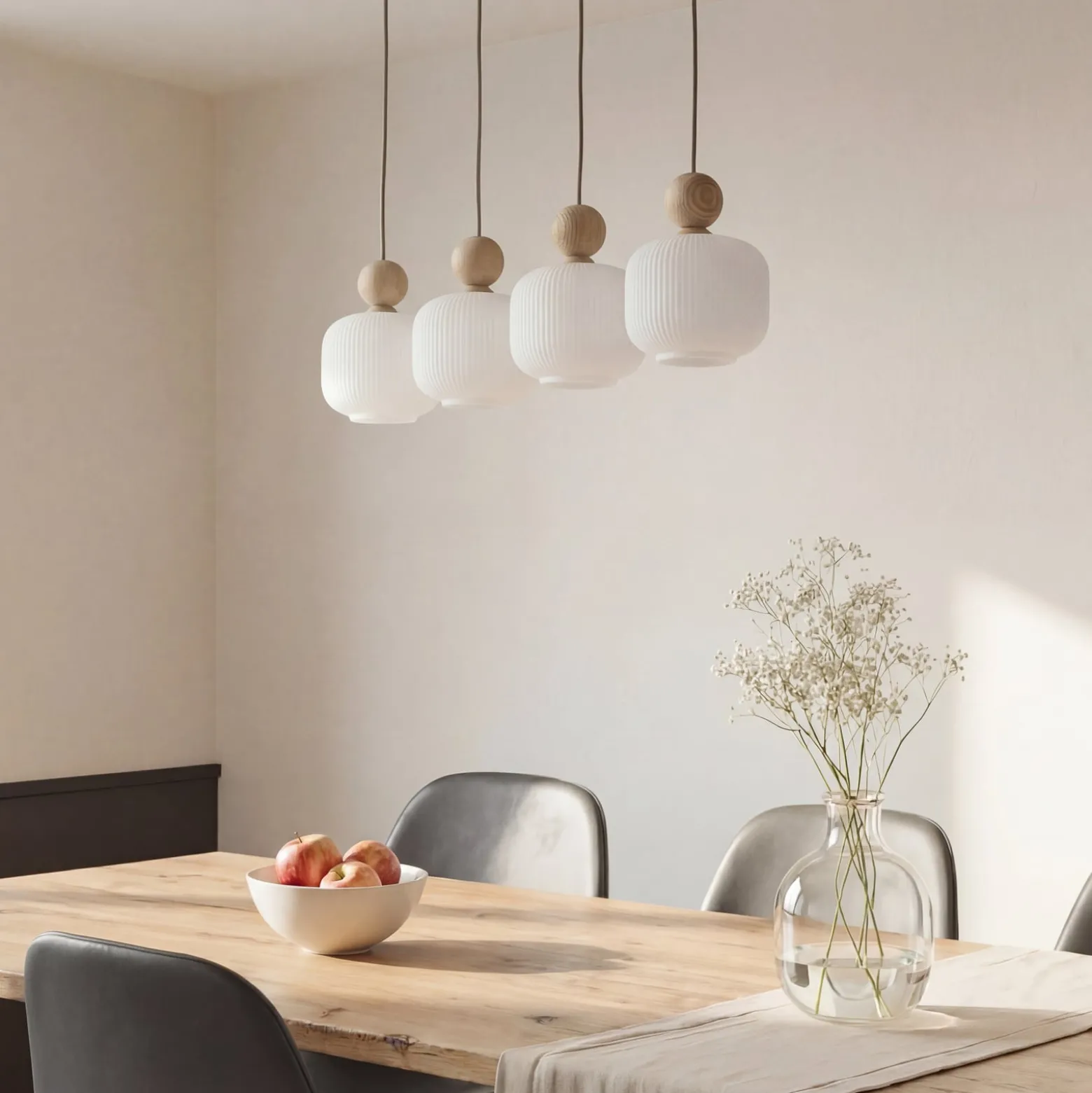 Ballo-riippuvalaisin, 4-lamppuinen, beige, lasi, pituus 80 cm