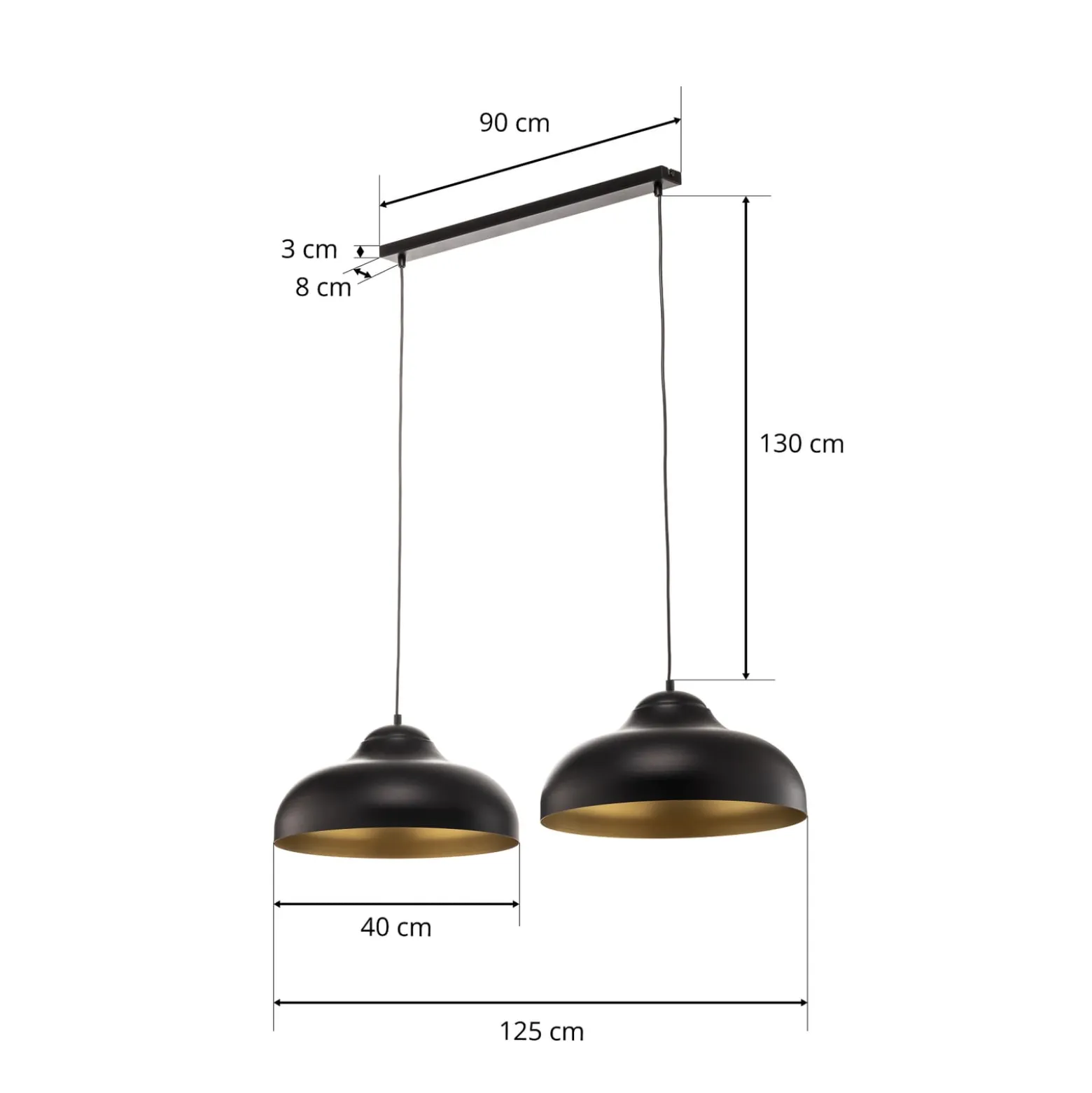Basca-riippuvalaisin, musta/kultainen, 2-lamppuinen, 125 cm, E27