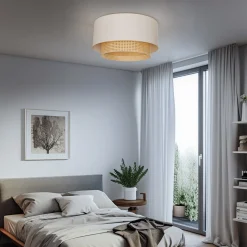 Boho-kattovalaisin, kermanvärinen/puu, halkaisija 60 cm, tekstiili/rottinki
