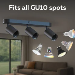 Calex GU10-kattospotti, musta, pituus 37 cm, 3-lamppuinen, metalli