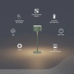 Calex LED-akku-pöytävalaisin Serino, vihreä, alumiini, 2700 K