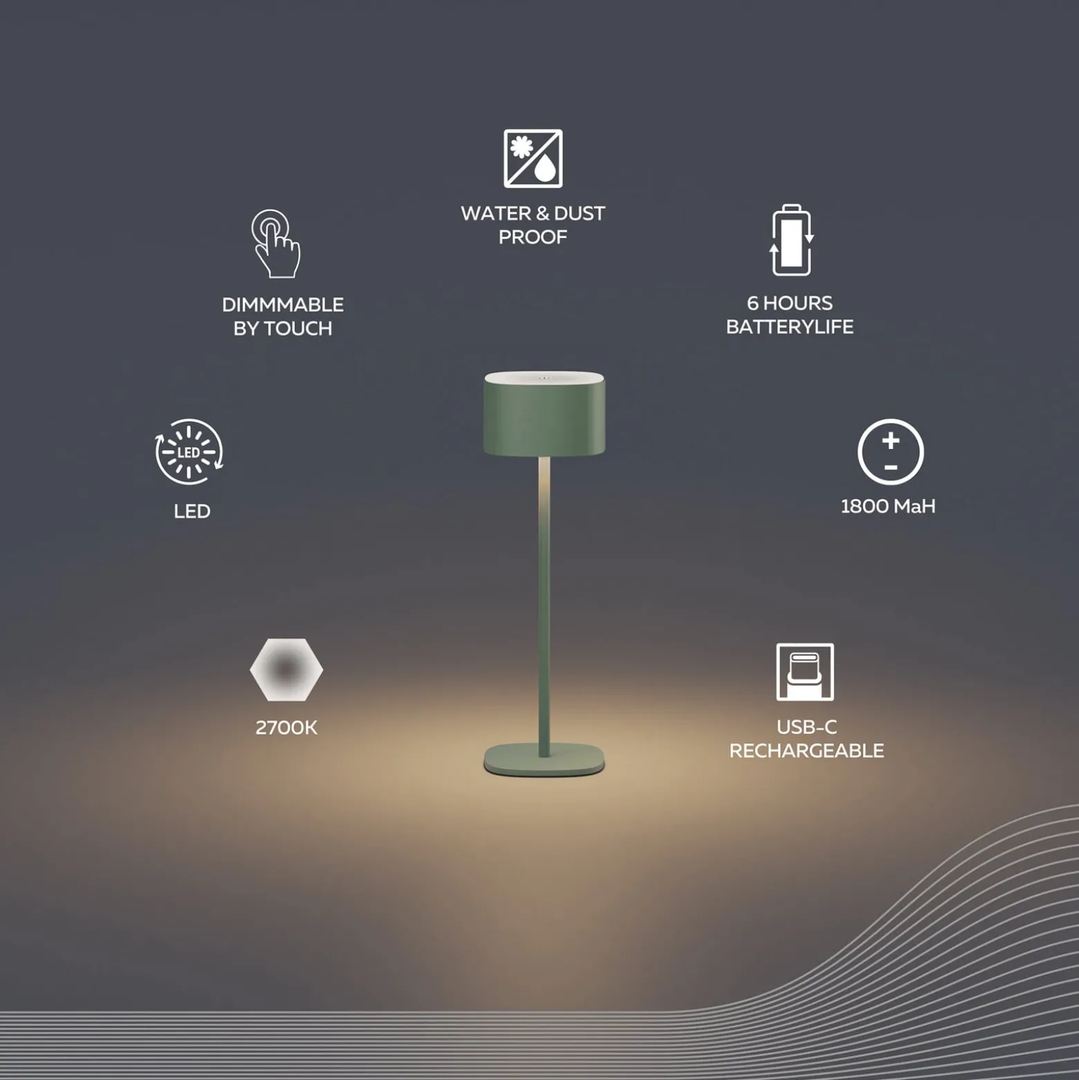 Calex LED-akku-pöytävalaisin Serino, vihreä, alumiini, 2700 K