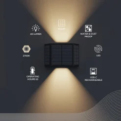 Calex Solar LED-ulkoseinävalaisin Caserta, ylös/alas, musta