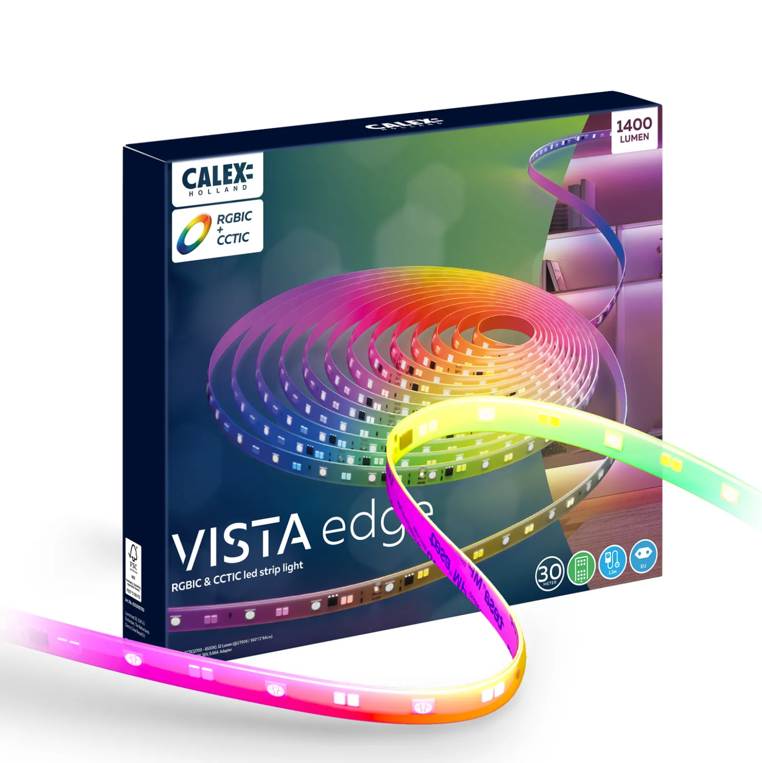 Calex Vista LED-nauha, pituus 30 m, RGB, CCT-kaukosäädin