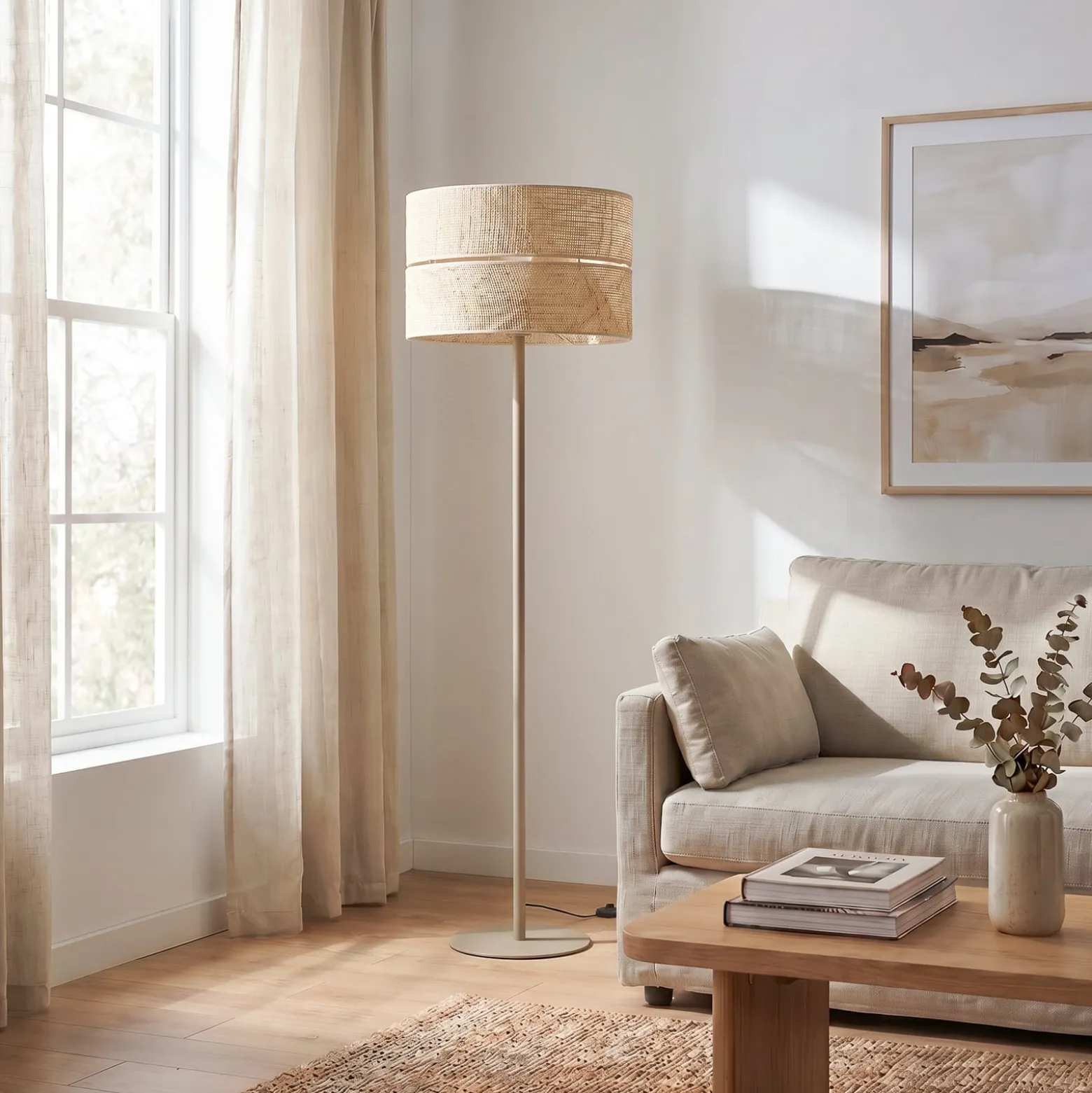 Calma-lattiavalaisin, beige, rami, korkeus 159 cm, E27