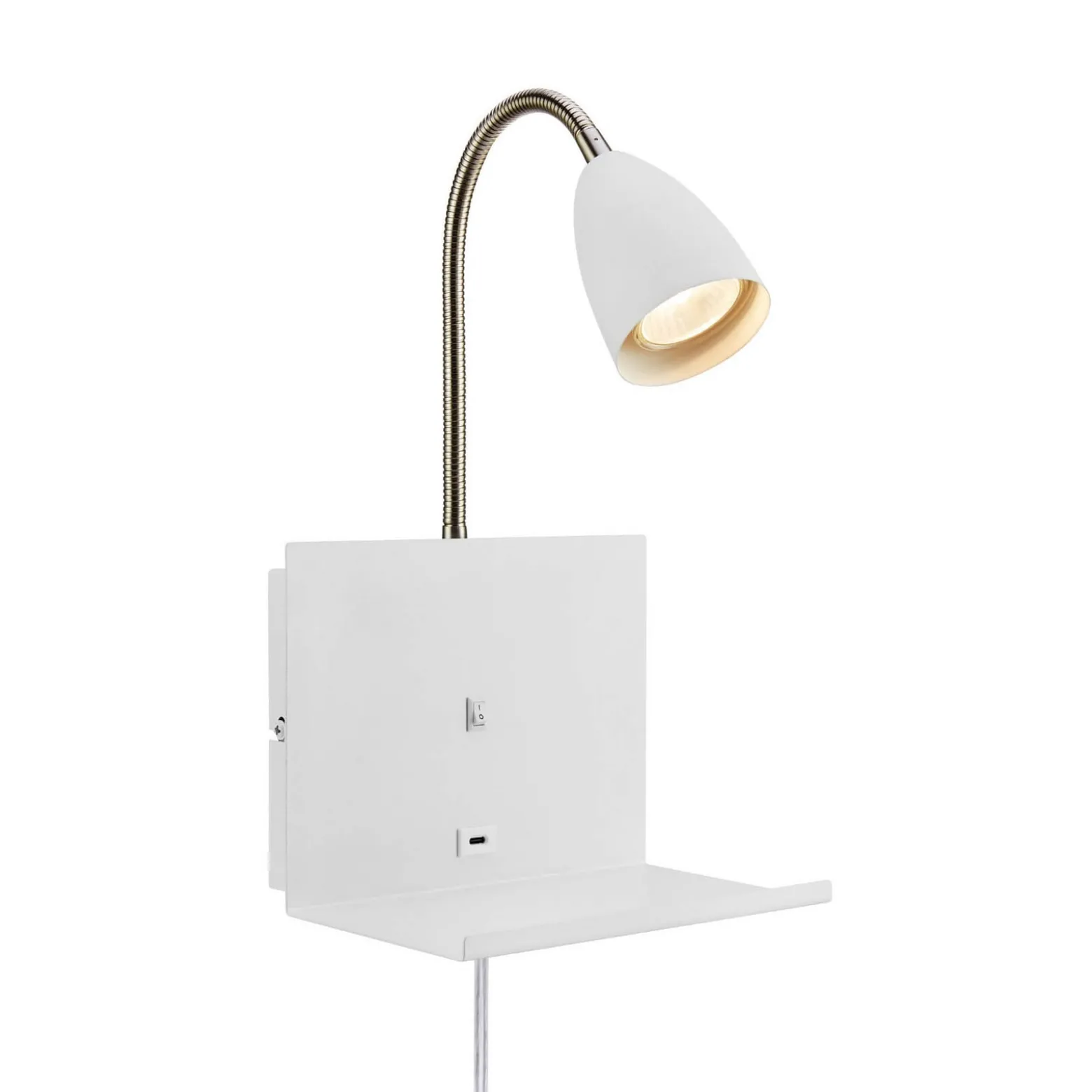 Cuarto seinävalaisin, valkoinen 30 cm rautapistoke USB-portti hyllyssä