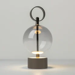 DOUBLE MOON -LED-akkukäyttöinen pöytälamppu, savuharmaa, korkeus 25 cm, lasi