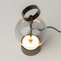 DOUBLE MOON -LED-akkukäyttöinen pöytälamppu, savuharmaa, korkeus 25 cm, lasi