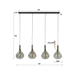 Droppone-riippuvalaisin, 4-valo, savunharmaa, lasi, E27