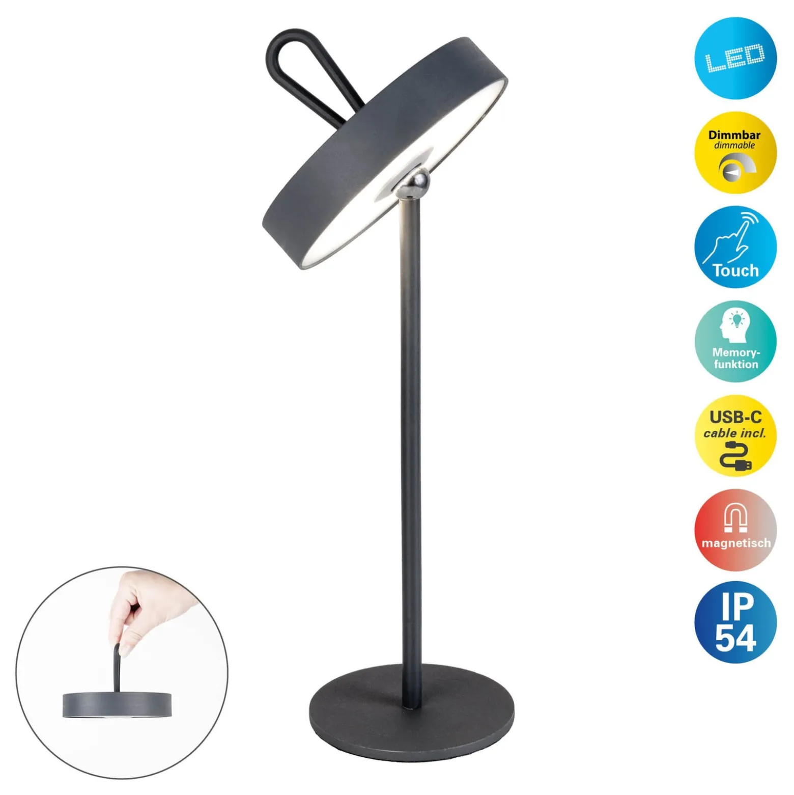 Ella LED ladattava pöytävalaisin, magneettinen, harmaa