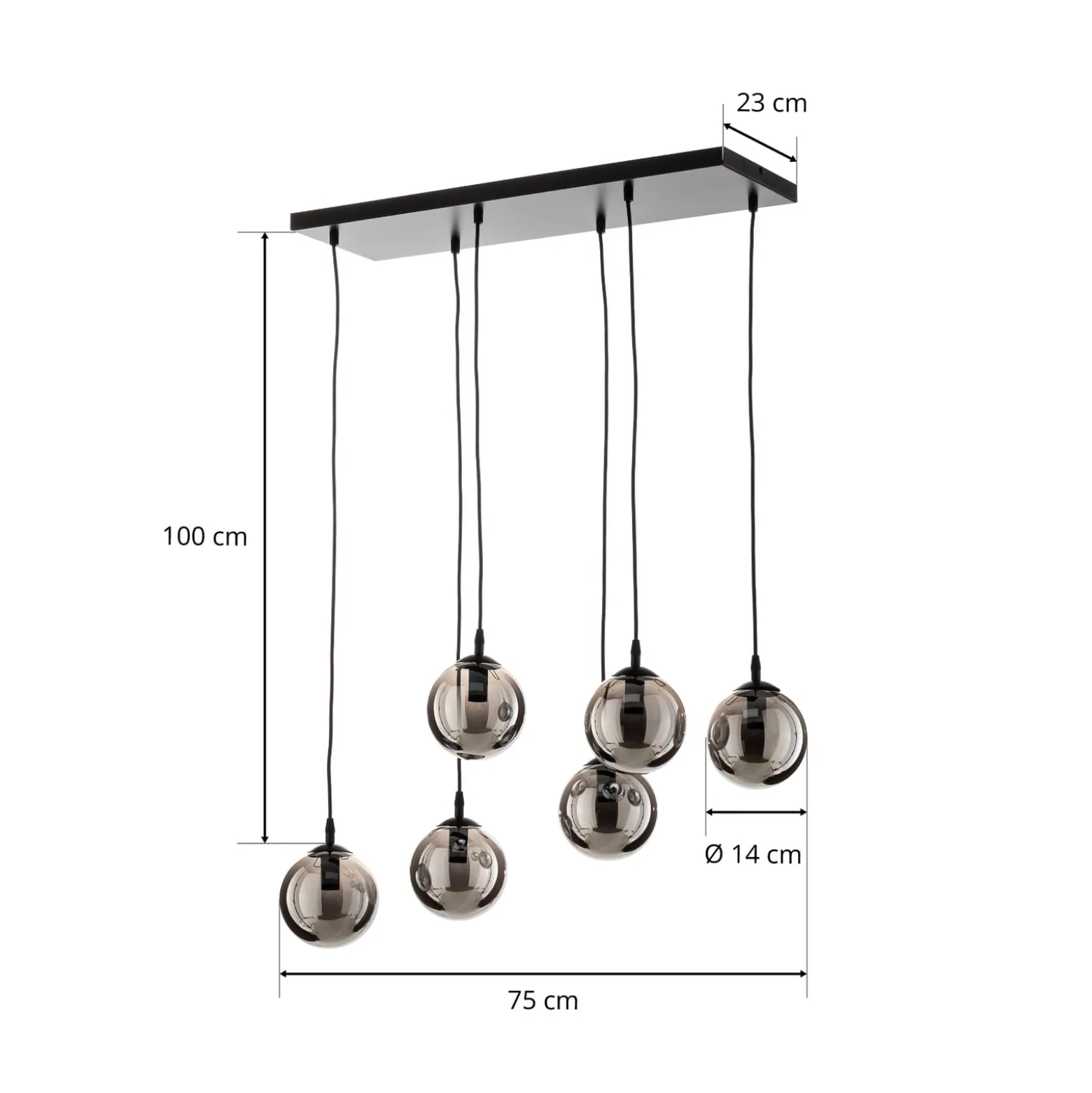 Glassy riippuvalaisin, 6-lamppuinen, musta, grafiitti, lasi, 75 cm