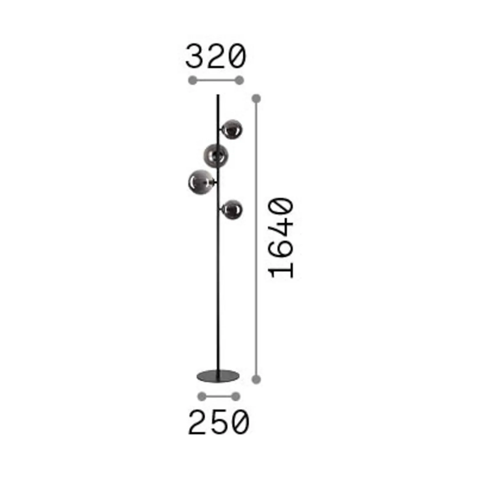 IDEAL LUX -maavalaisin Perlage, messinki/keltainen, korkeus 164 cm, 4-lamppuinen