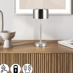 Jeff LED ladattava pöytävalaisin, nikkelin värinen, korkeus 30 cm, metallia