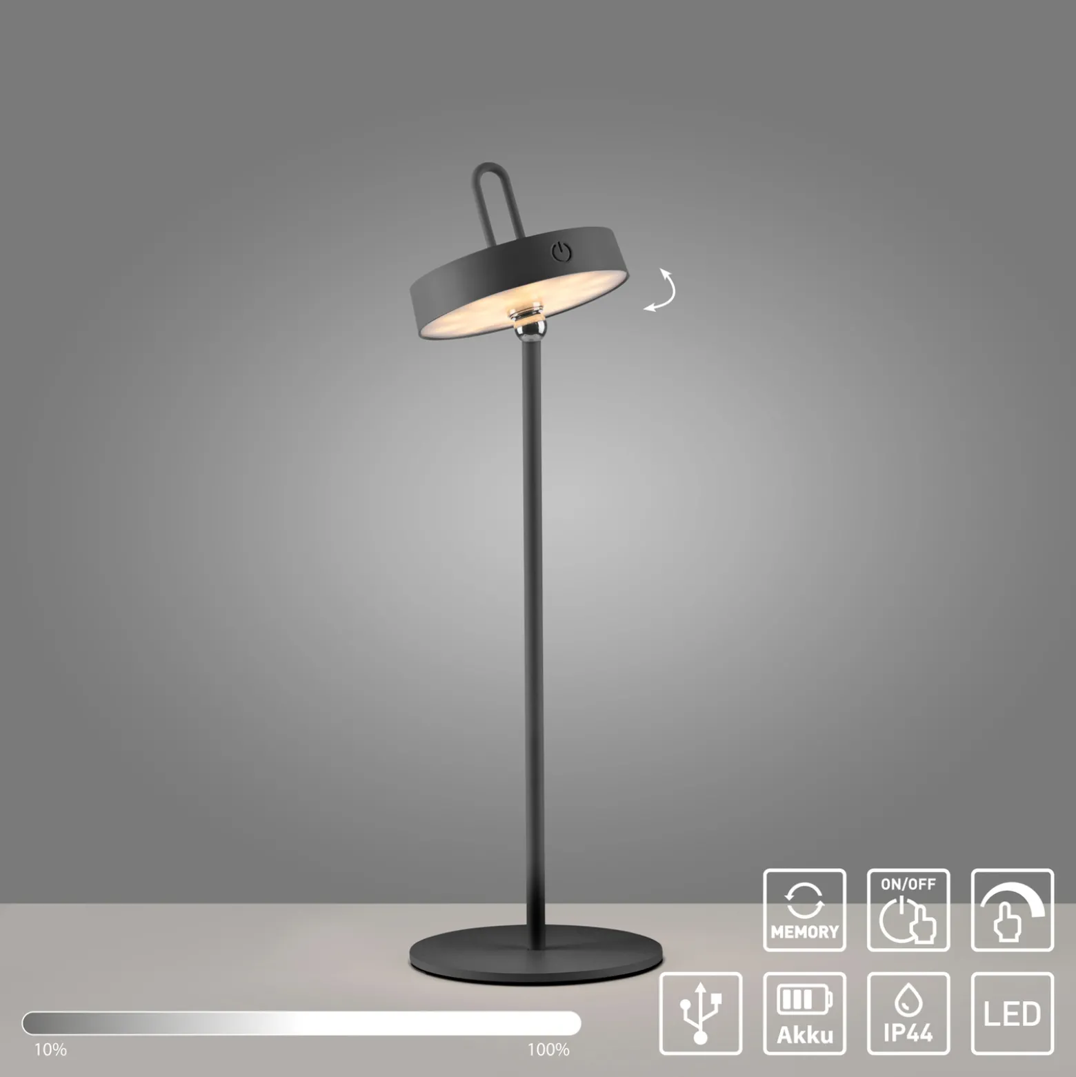 JUST LIGHT. Amag LED ladattava pöytävalaisin, musta, rauta, IP44