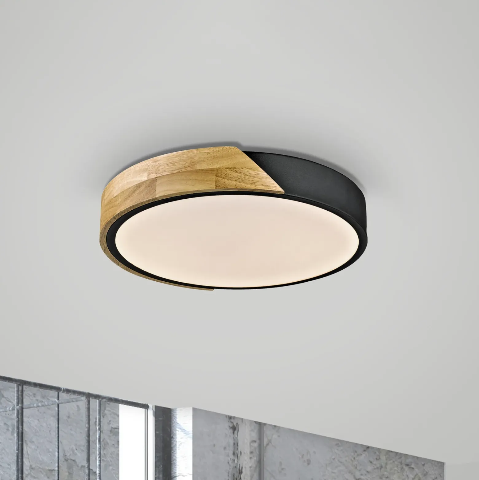 JUST LIGHT. Bila LED-kattovalaisin, musta, Ø 32 cm, puuta