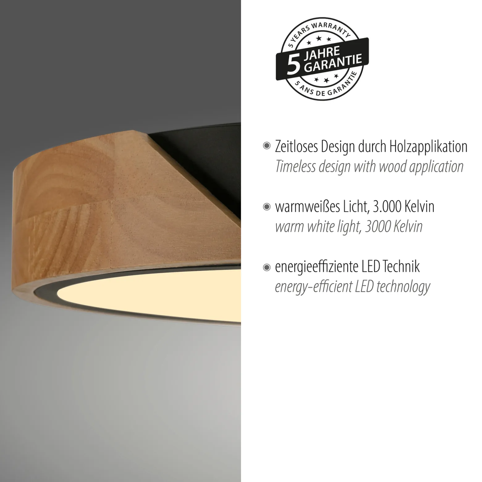 JUST LIGHT. Bila LED-kattovalaisin, musta, Ø 32 cm, puuta