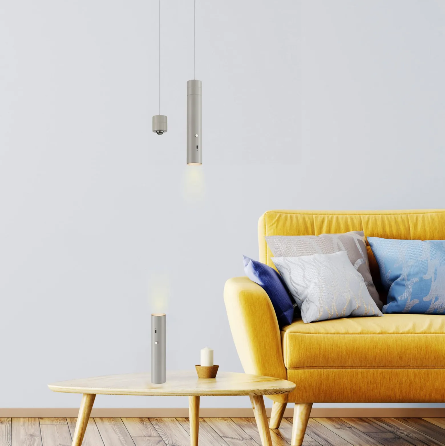 JUST LIGHT. LED-akku-riippuvalaisin Attach, harmaa-beige, rauta