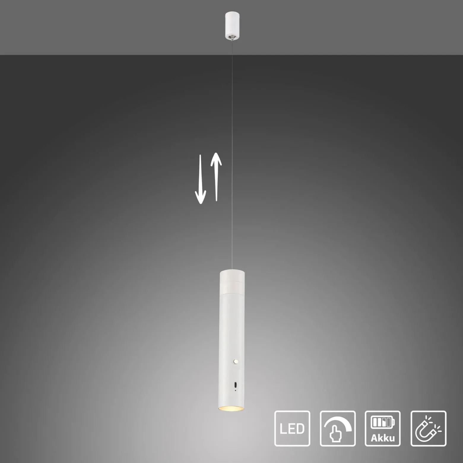 JUST LIGHT. LED-akku-riippuvalaisin Attach, valkoinen, rauta