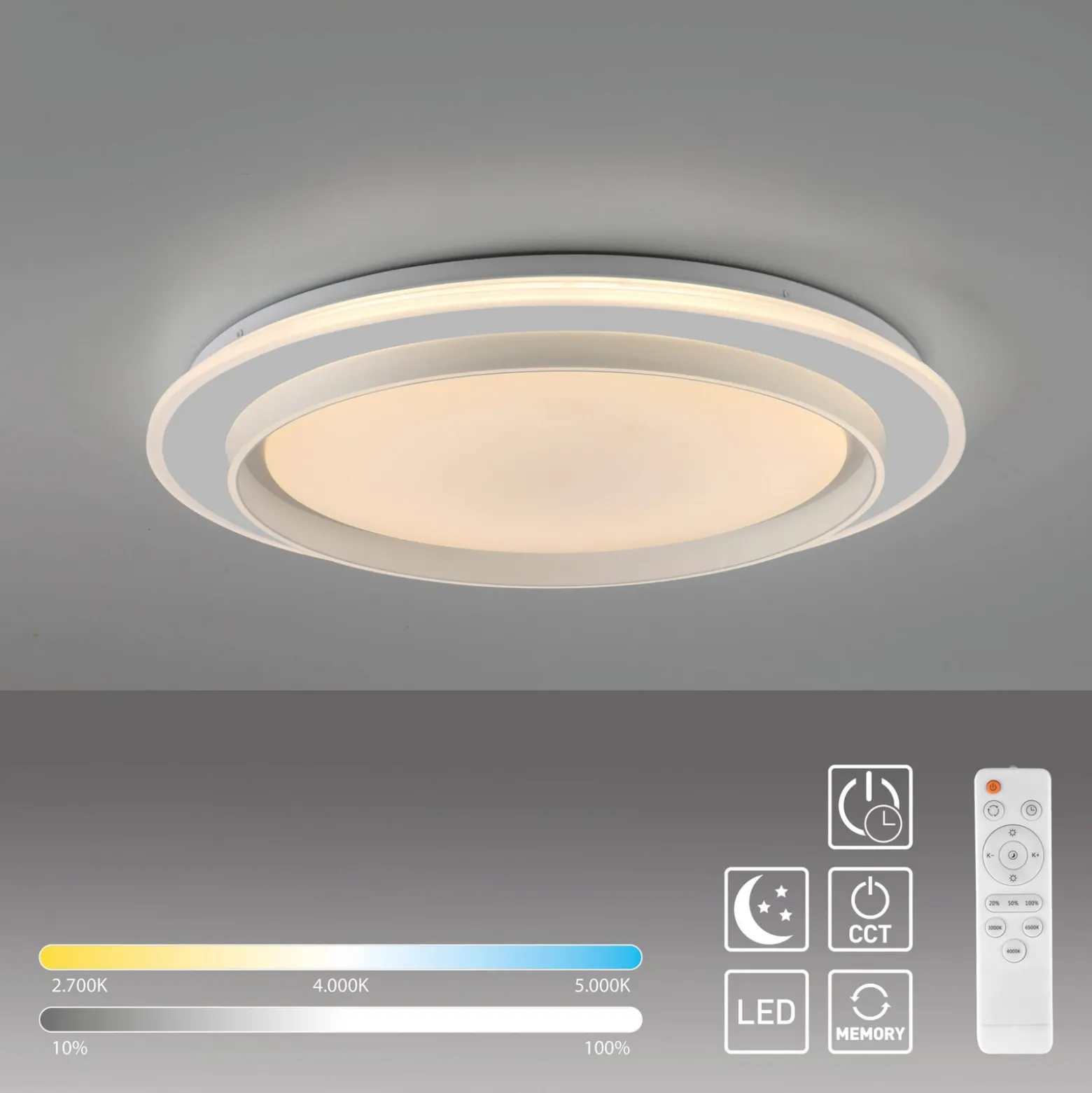 JUST LIGHT. LED-kattovalaisin Lago Ø 49,3 cm CCT Kaukosäädin