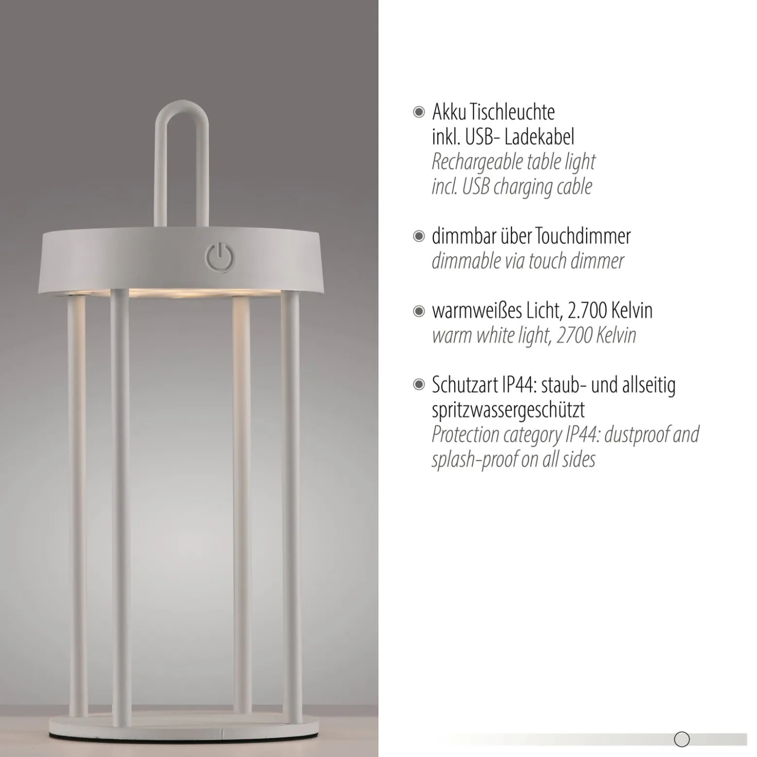 JUST LIGHT. LED ladattava pöytävalaisin Anselm harmaa-beige 28cm rautainen