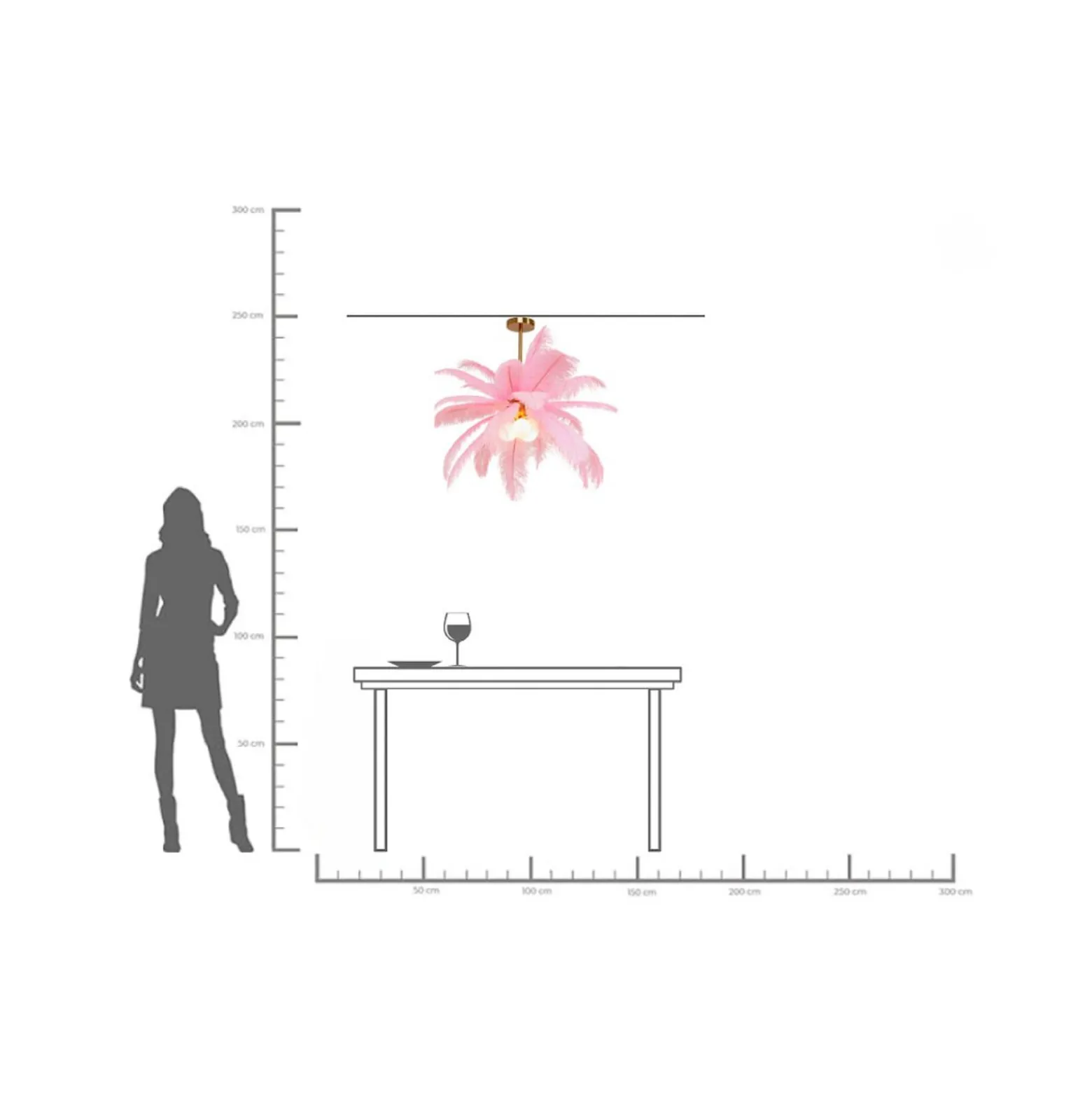Kare Feather Palm -riippuvalaisin, vaaleanpunainen, höyhenet, Ø 87 cm, G9