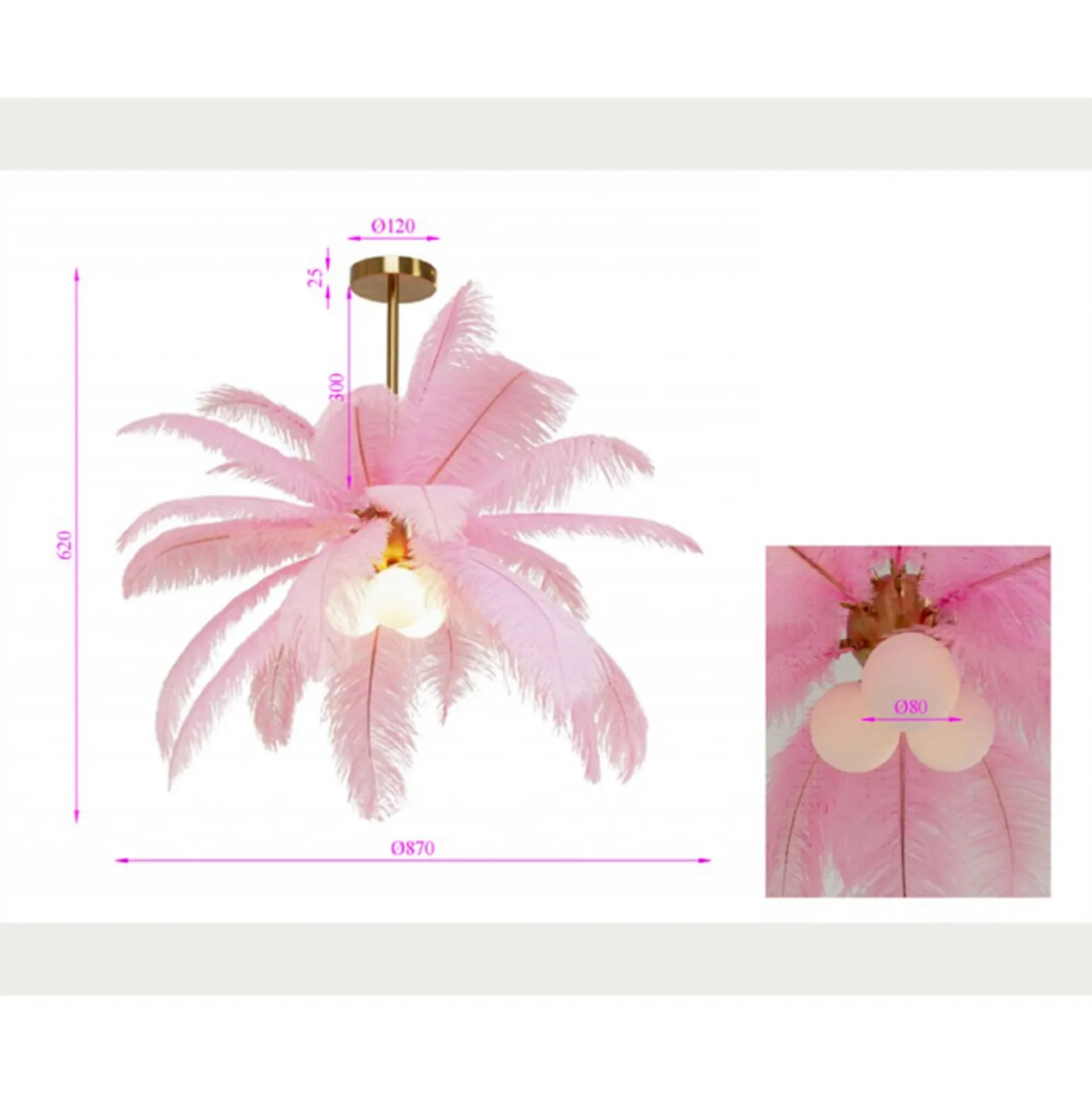 Kare Feather Palm -riippuvalaisin, vaaleanpunainen, höyhenet, Ø 87 cm, G9