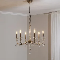 Kattokruunu Adone, 6-valo, messinki, Ø 70 cm, kristallilasi