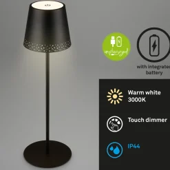Kiki LED ladattava pöytävalaisin, musta, IP44, 3 000K