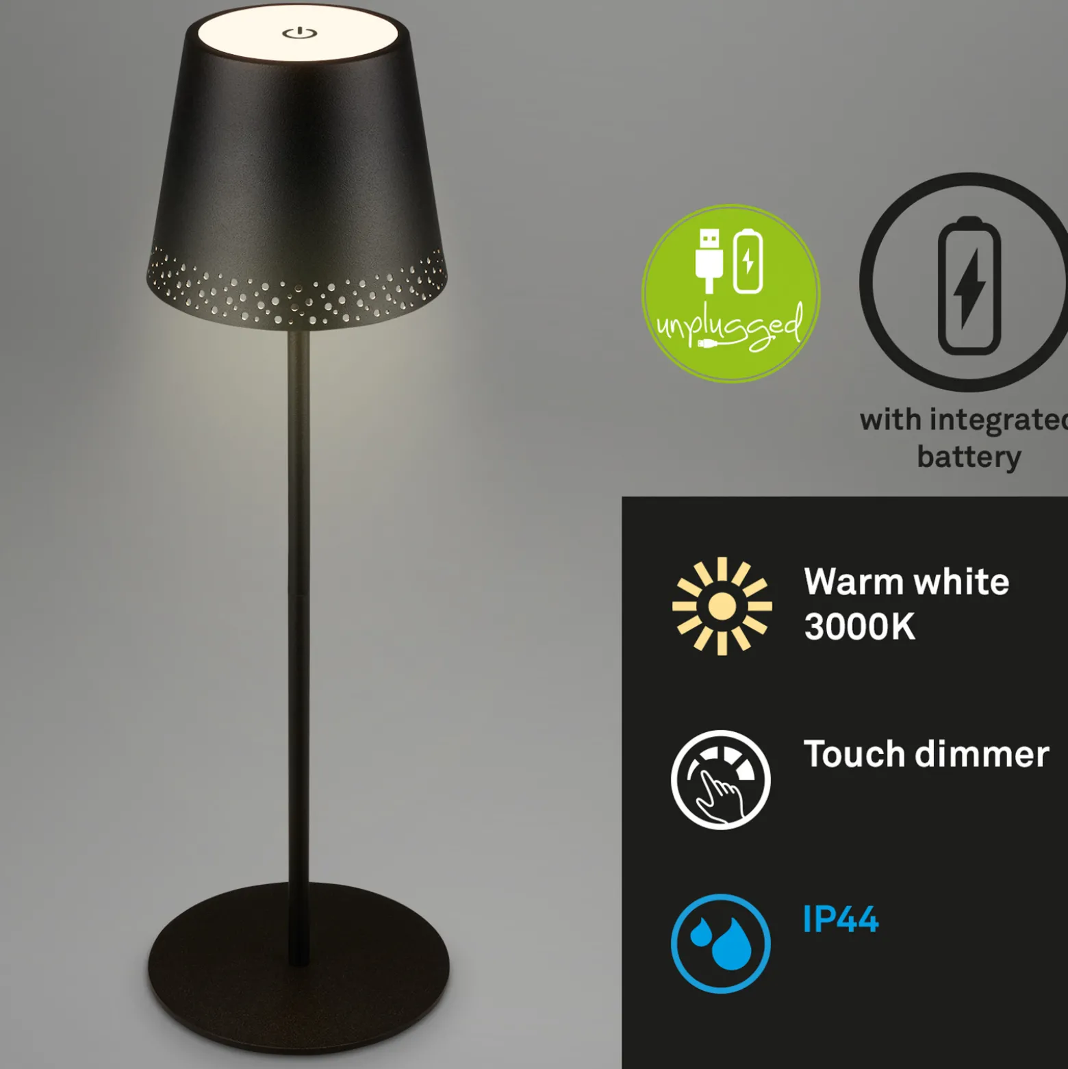 Kiki LED ladattava pöytävalaisin, musta, IP44, 3 000K