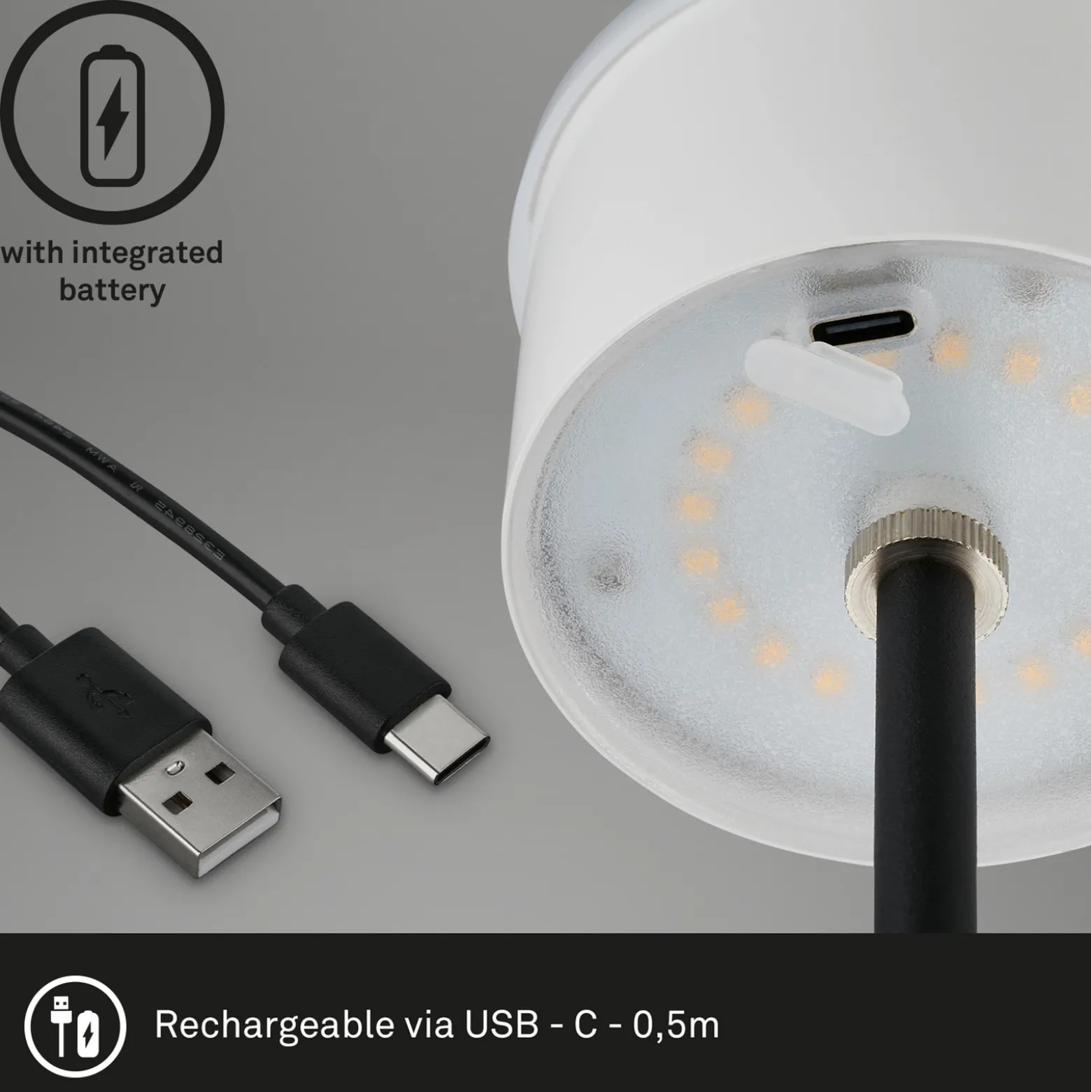 Kiki LED ladattava pöytävalaisin, musta, IP44, 3 000K