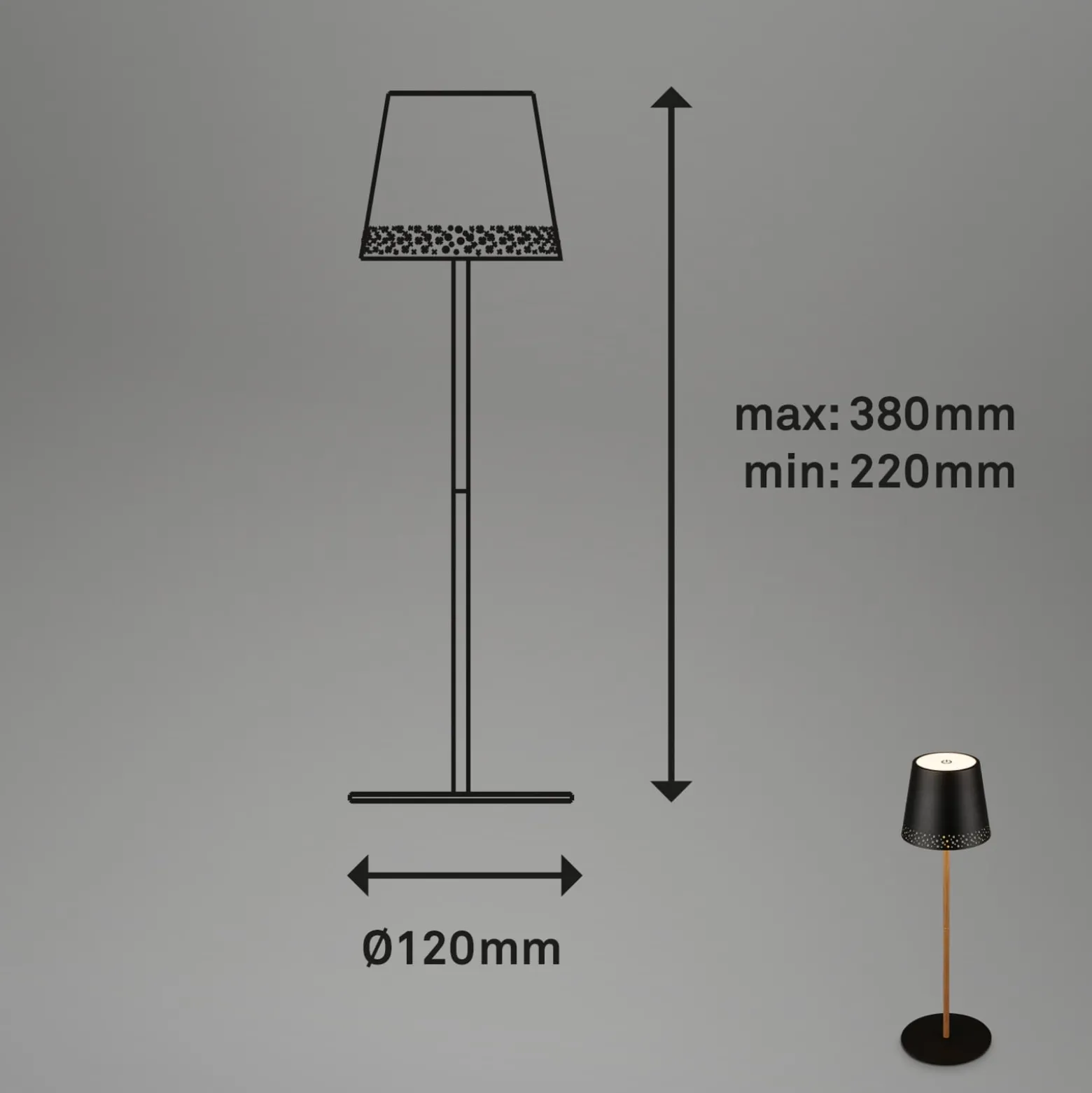 Kiki LED ladattava pöytävalaisin, musta/kultainen, IP44, 3000K