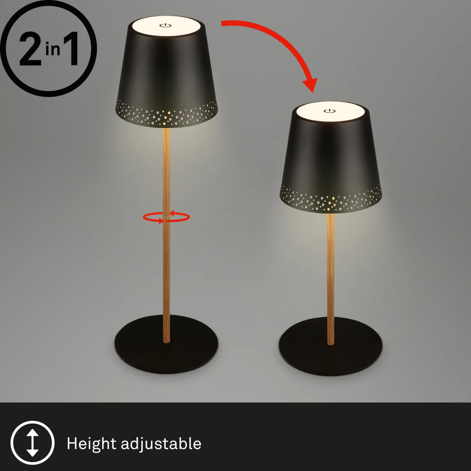 Kiki LED ladattava pöytävalaisin, musta/kultainen, IP44, 3000K