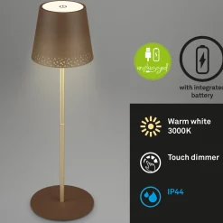 Kiki LED ladattava pöytävalaisin, ruskea/kultainen, IP44, 3 000K
