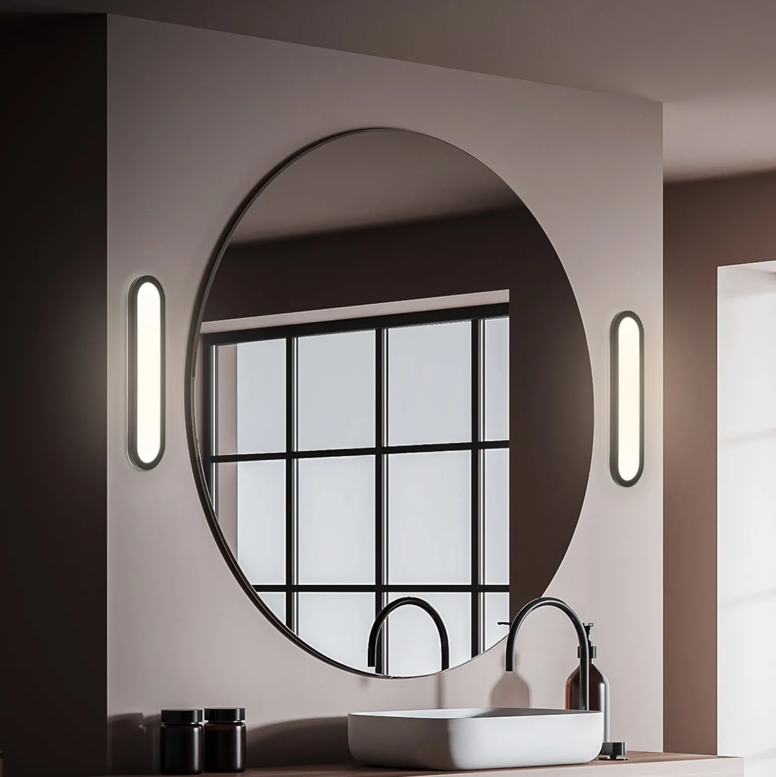 Kylpyhuoneen LED-seinävalaisin Pil, musta, leveys 35 cm, muovi