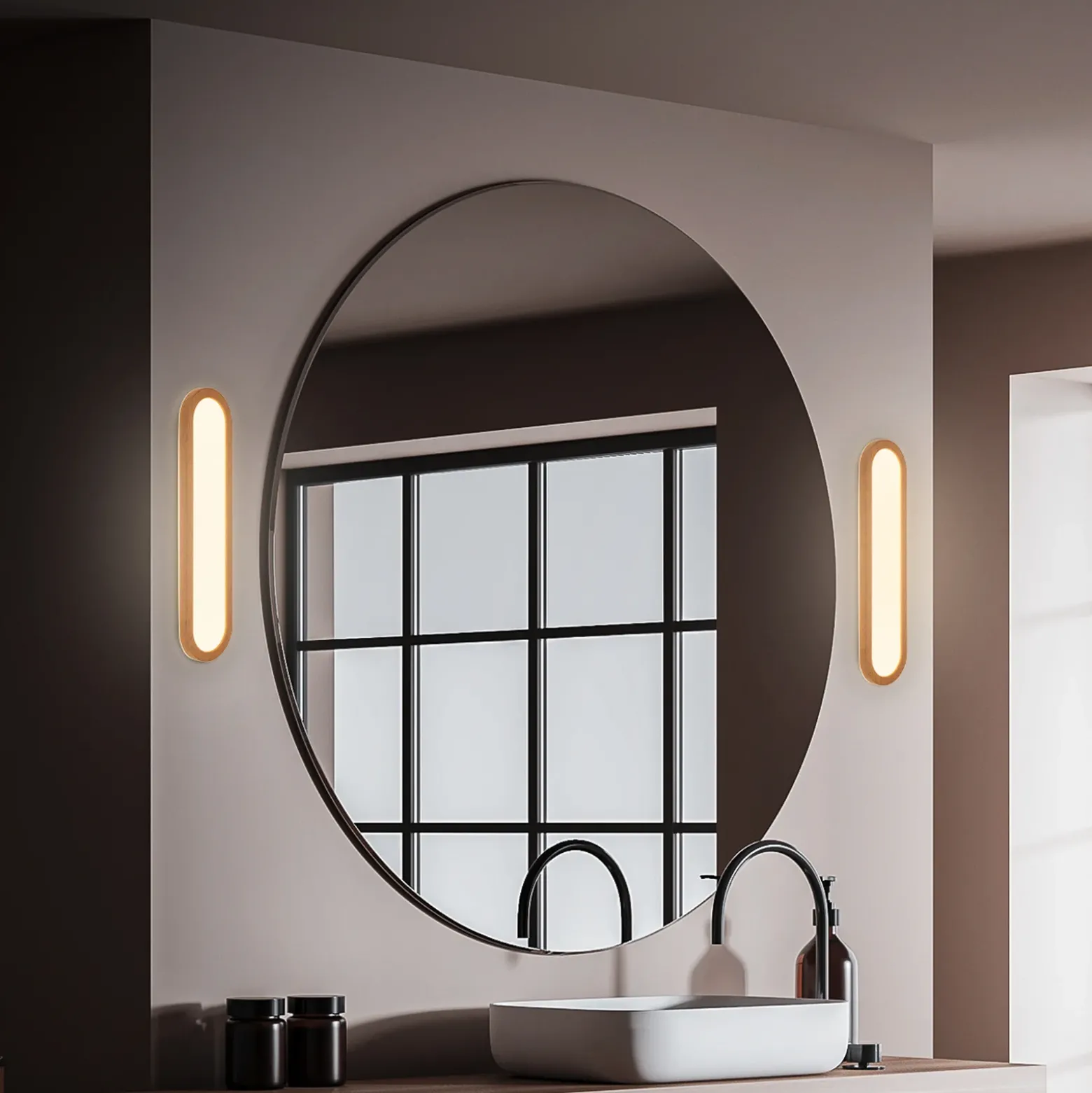 Kylpyhuoneen LED-seinävalaisin Pil, puunvärinen, leveys 35 cm, muovi