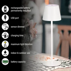 Ladattava LED-pöytävalaisin Viletto, valkoinen, IP54
