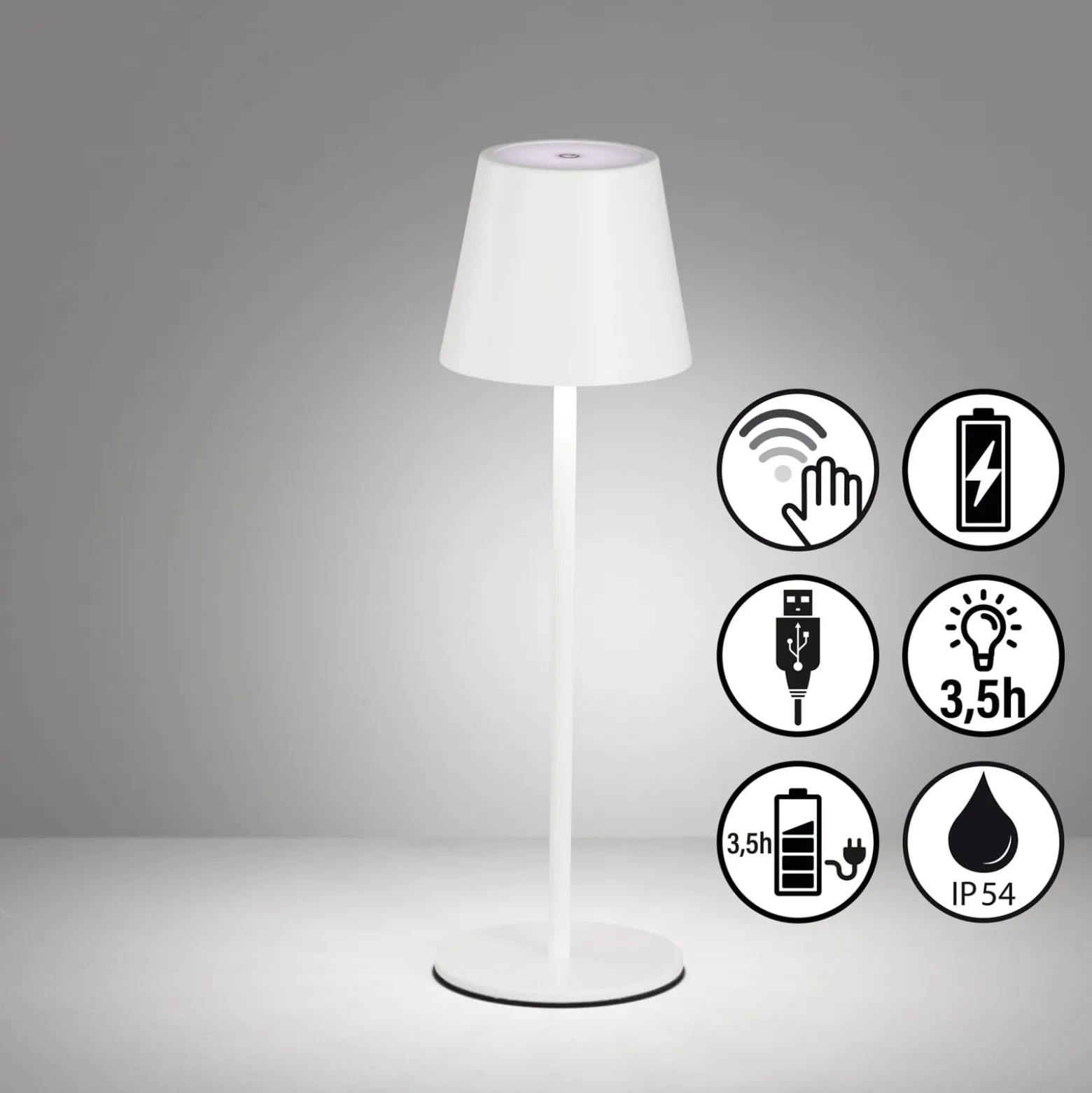 Ladattava LED-pöytävalaisin Viletto, valkoinen, IP54