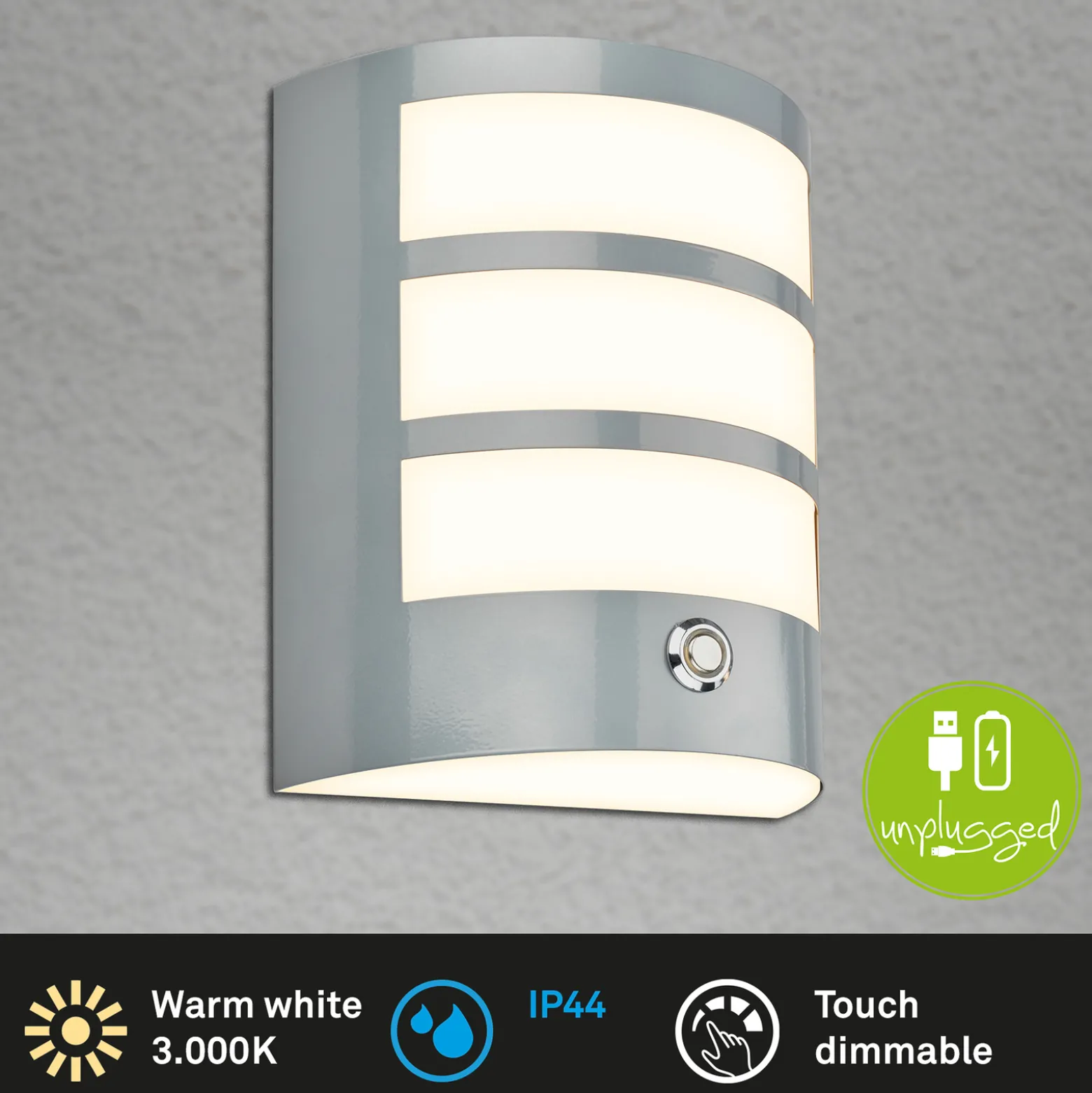 Ladattava LED-ulkoseinävalaisin 3793014, krominvärinen, himmennettävä, IP44