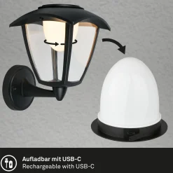 Ladattava LED-ulkoseinävalaisin 3929015, musta, kosketushimmennin