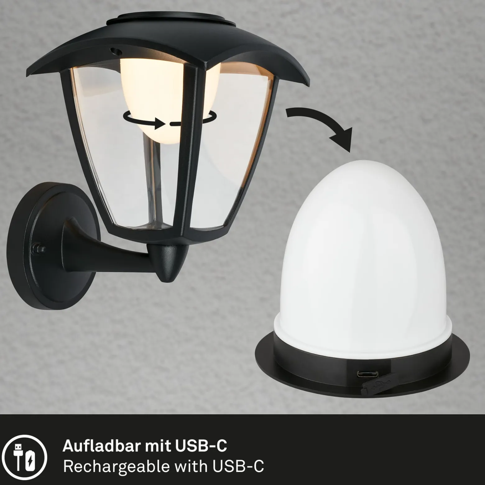 Ladattava LED-ulkoseinävalaisin 3929015, musta, kosketushimmennin