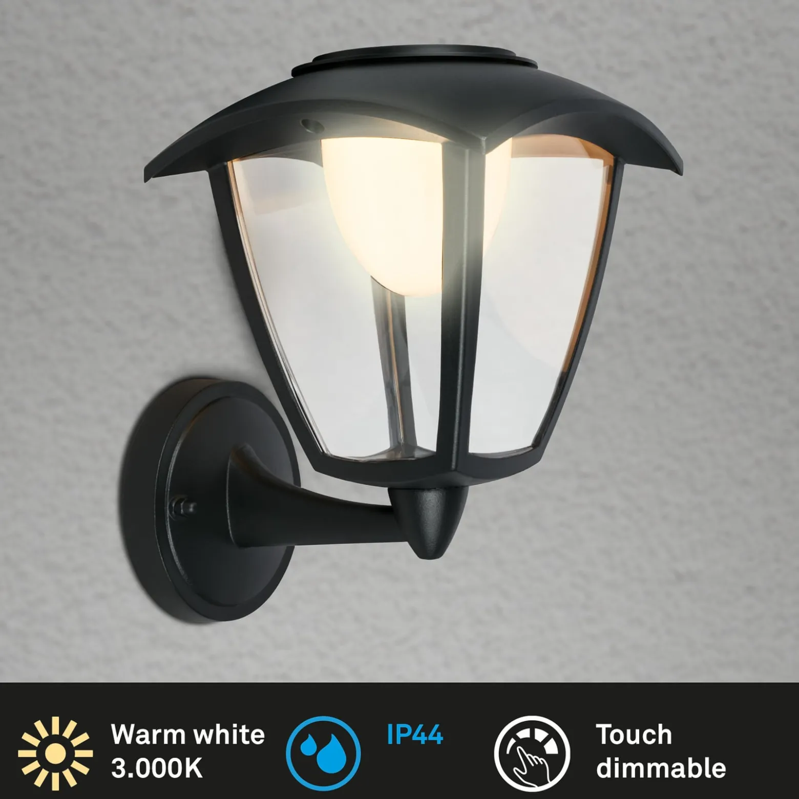 Ladattava LED-ulkoseinävalaisin 3929015, musta, kosketushimmennin