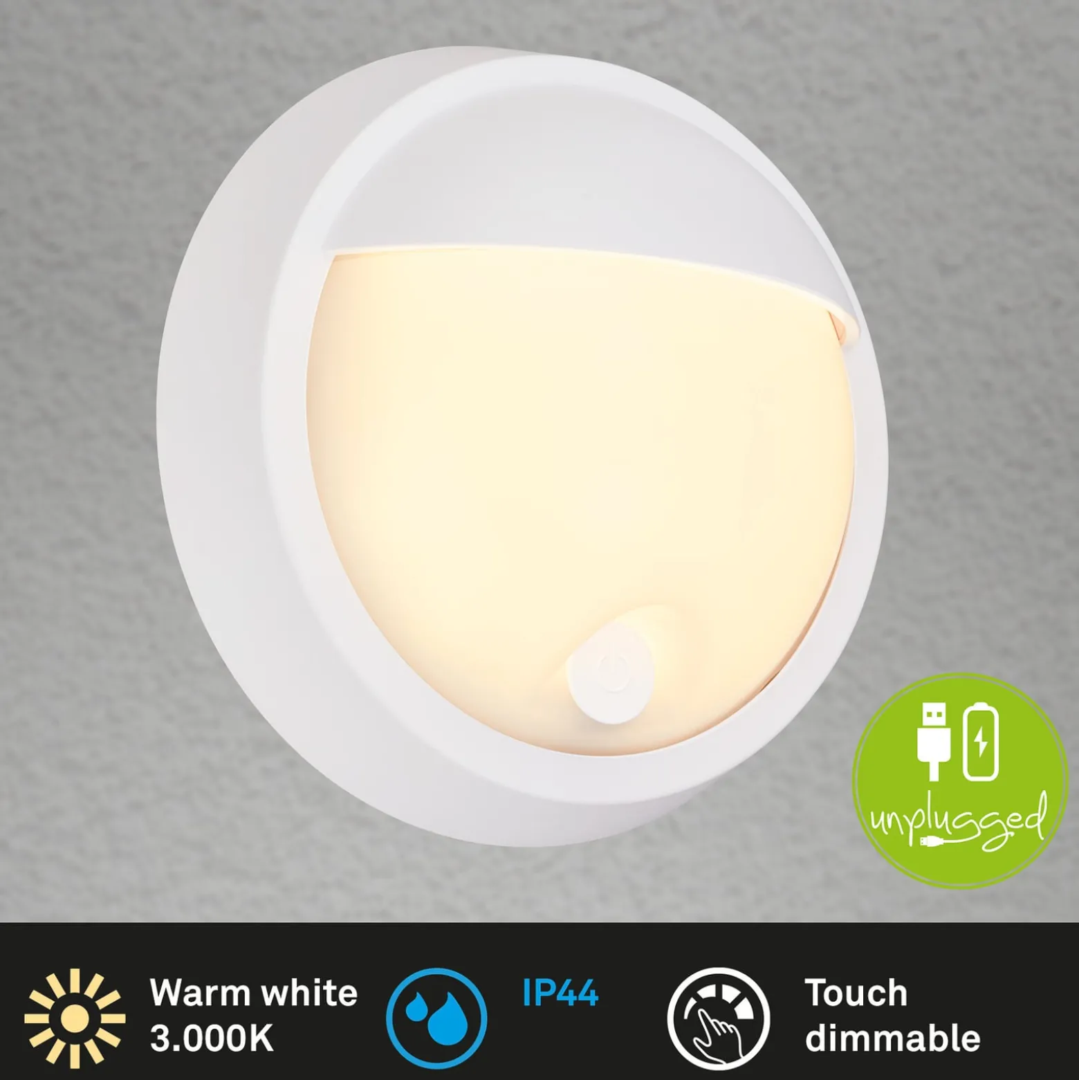Ladattava LED-ulkoseinävalaisin 3784016, valkoinen, kosketushimmentimellä, Ø 17