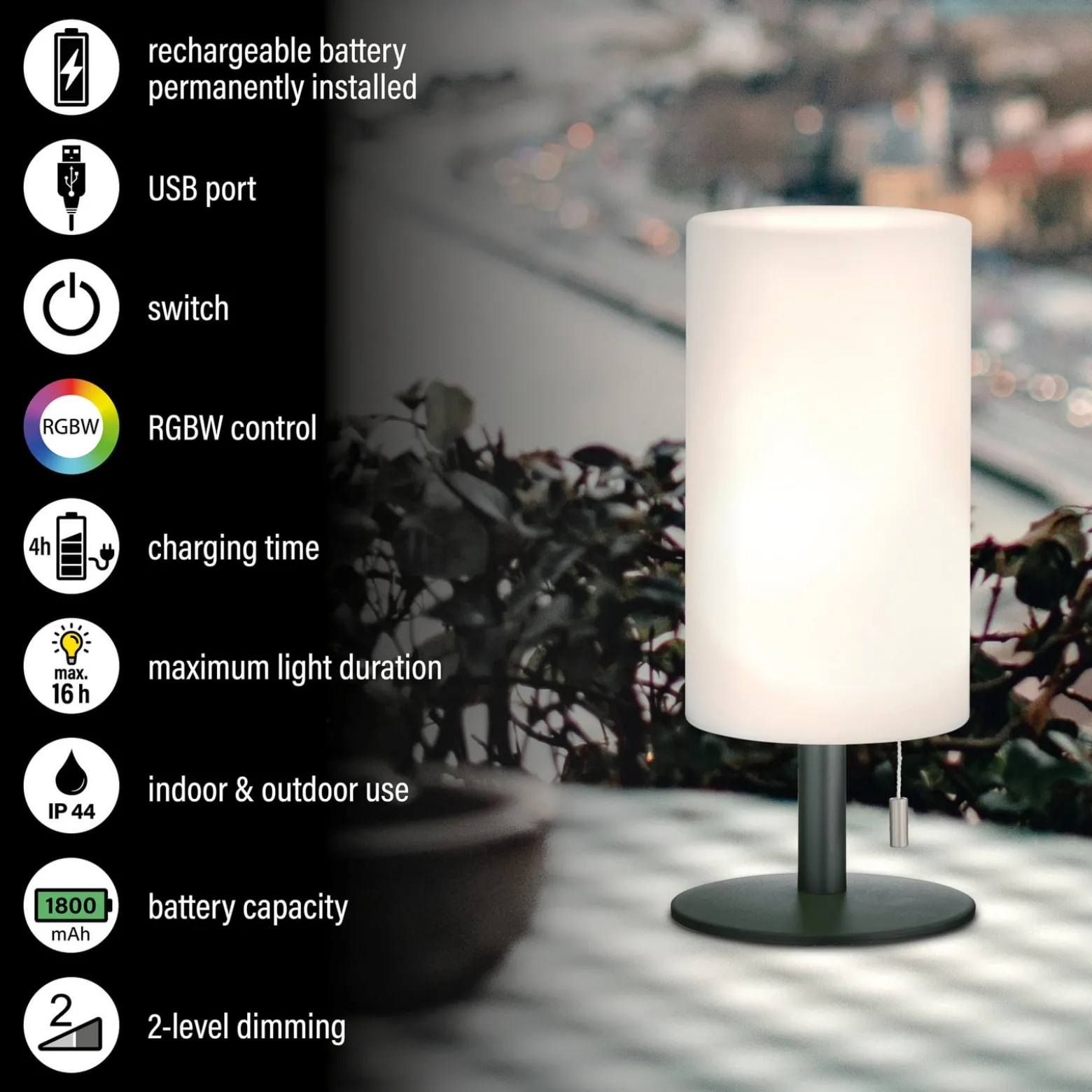 Larino LED-ladattava pöytävalaisin, korkeus 28 cm