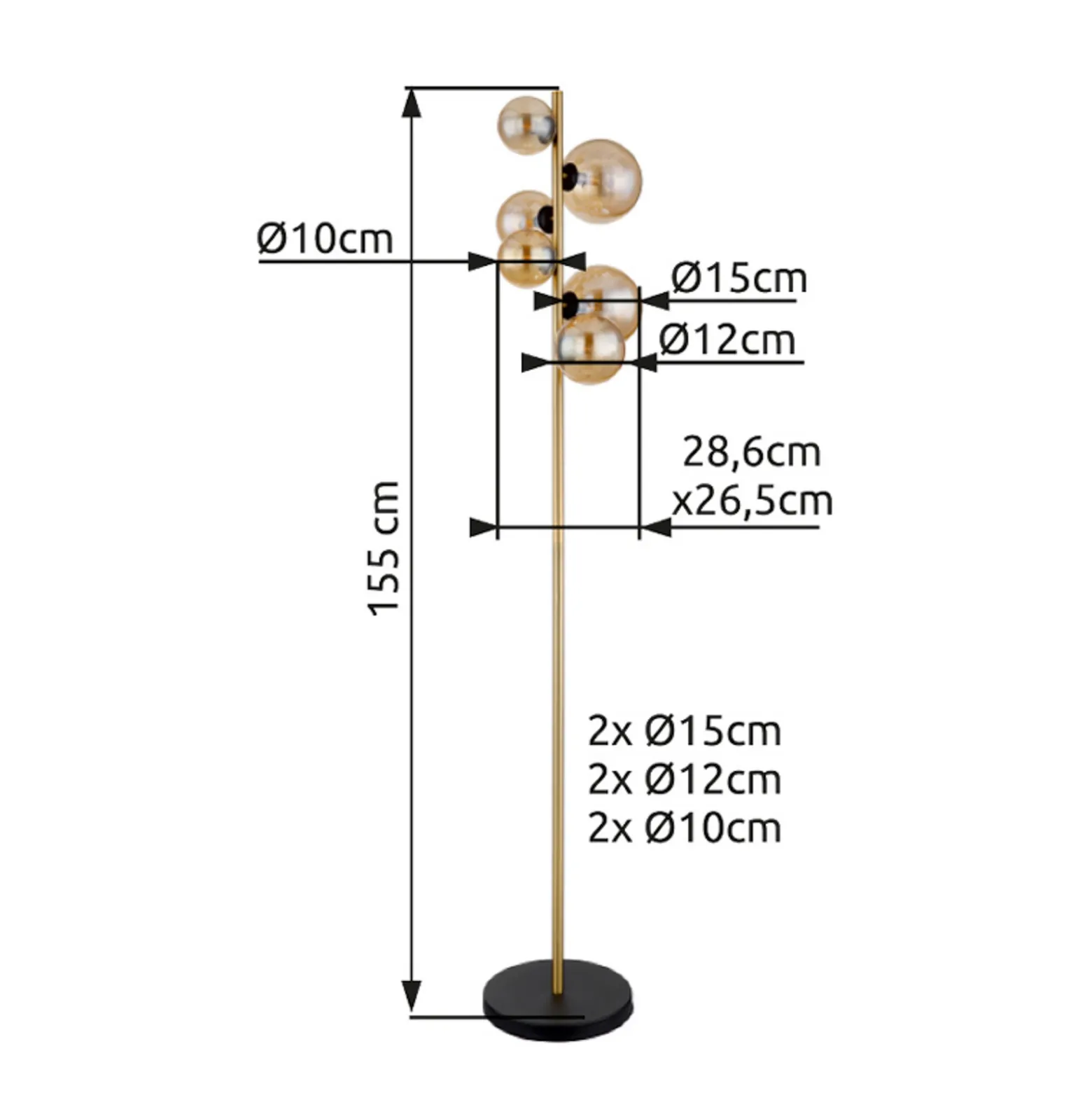 Lattiavalaisin Riha, korkeus 155 cm, meripihka/messinki, metalli