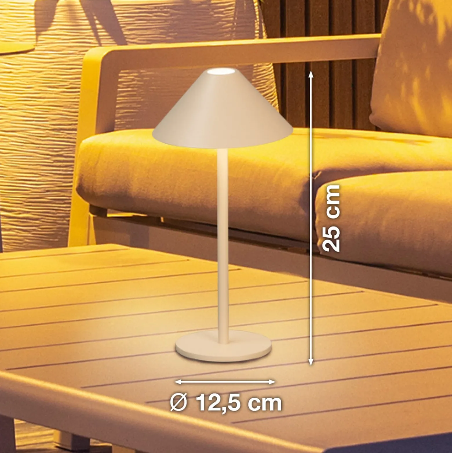 LED-akkukäyttöinen LED-pöytälamppu Prato, hiekanvärinen, korkeus 25 cm,