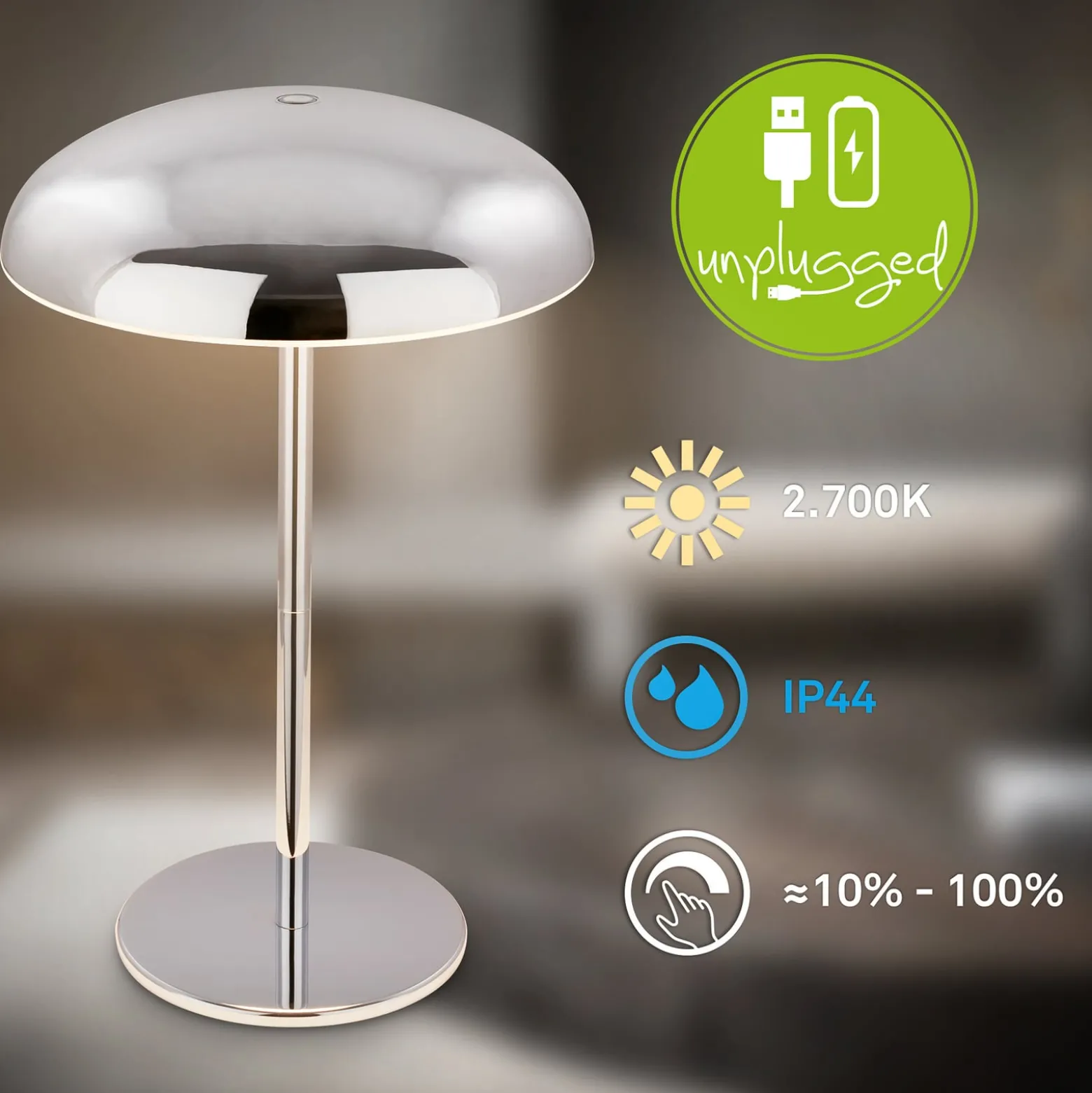 LED-akkukäyttöinen pöytälamppu Brilo unplugged Caxa 30 cm, kromi