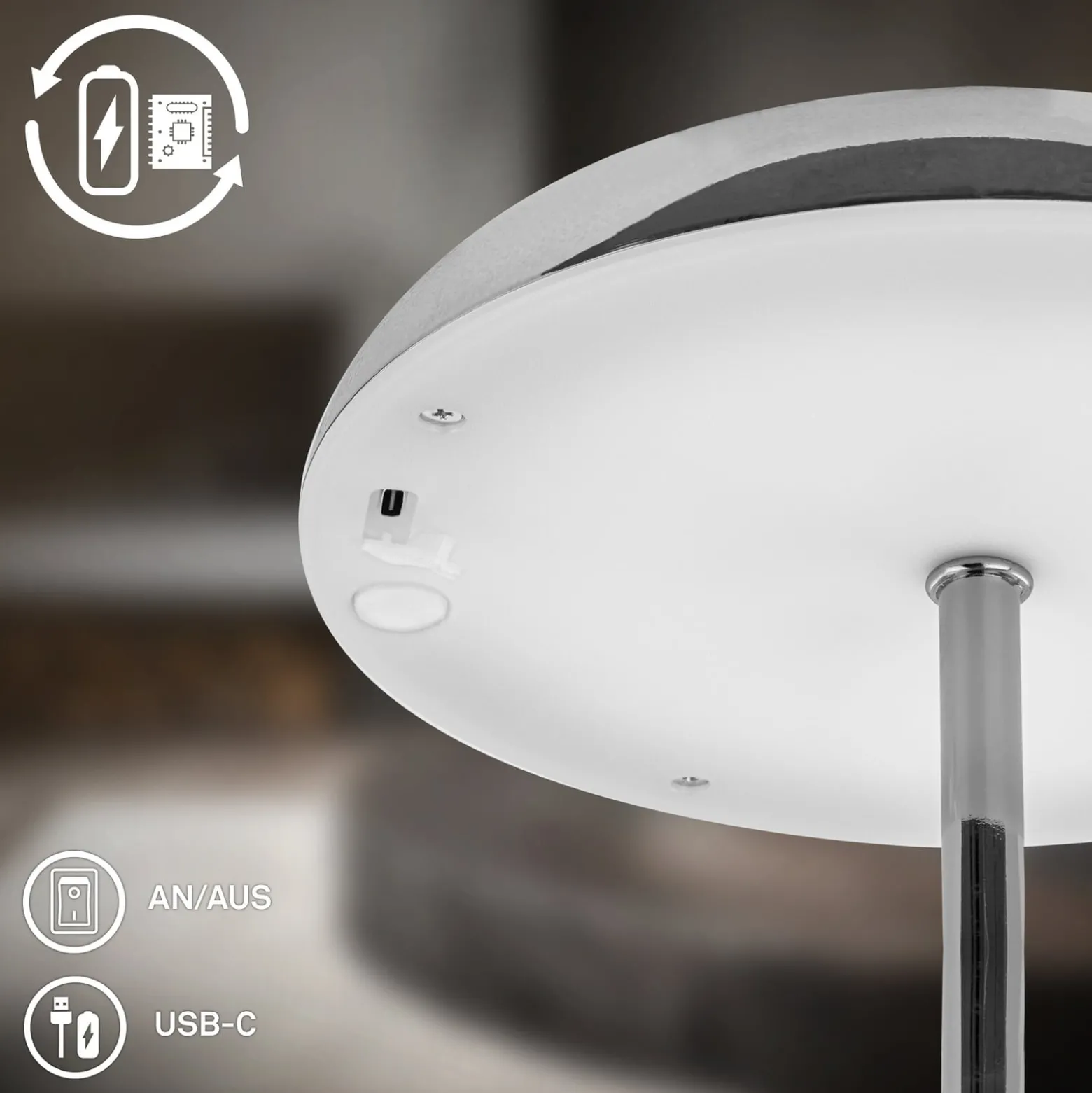 LED-akkukäyttöinen pöytälamppu Brilo unplugged Caxa 30 cm, kromi