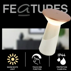 LED-akkukäyttöinen pöytälamppu Pilia, ruskea/vaaleanharmaa, korkeus 24 cm, IP44